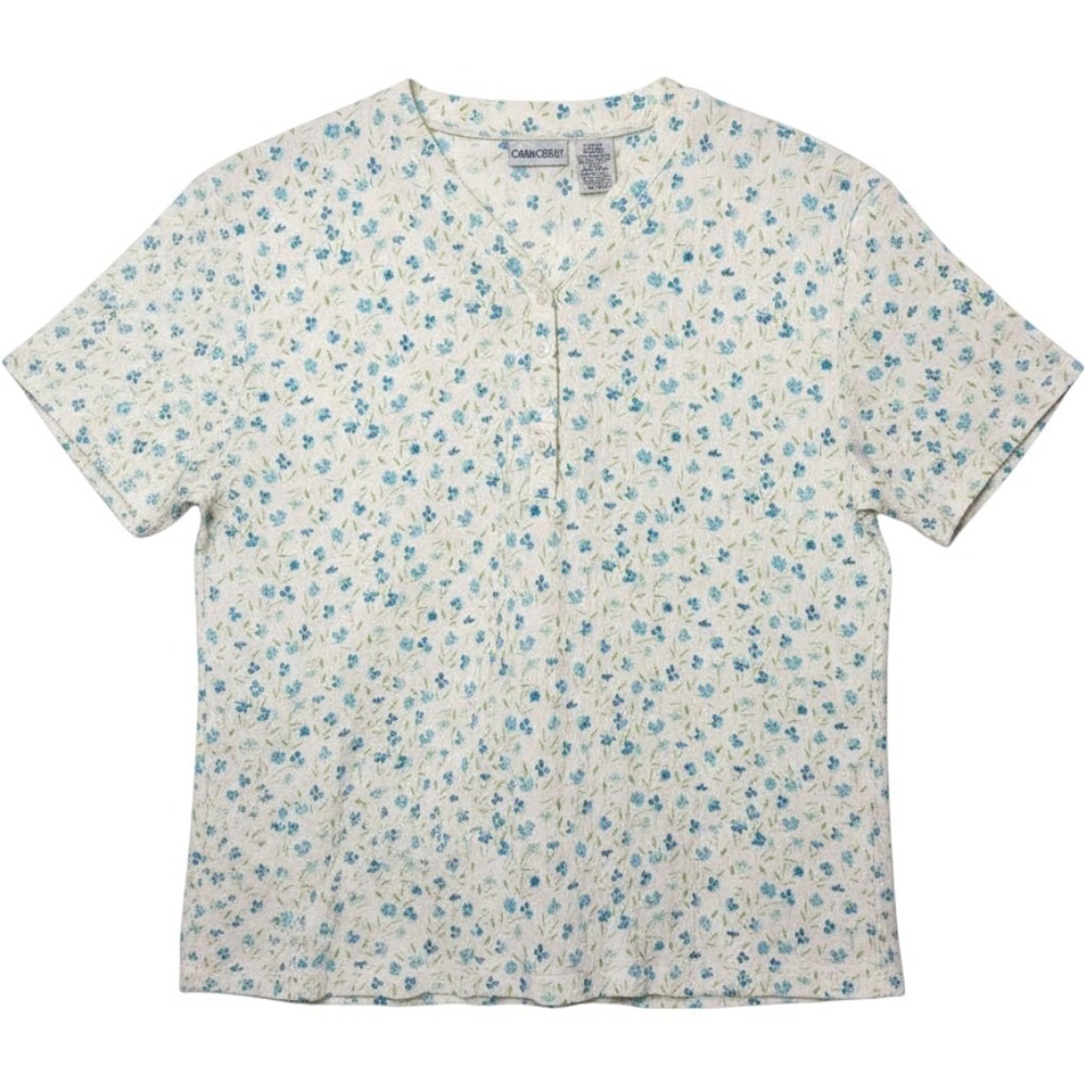 Cabin Creek Womens Large Blue Floral Henley Knit Shirt Short Sleeve Blouse Top
